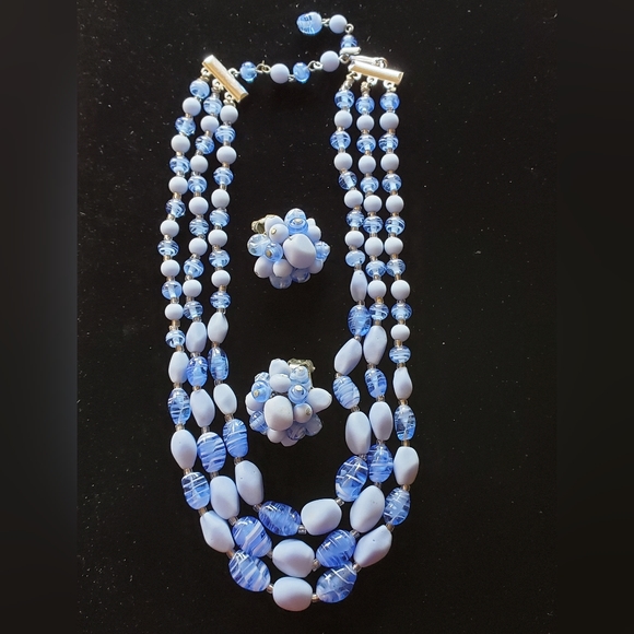 Vintage Jewelry - Vintage Denim Blue Swirl Art Glass Set 1950's 60's Japan Spring Summer